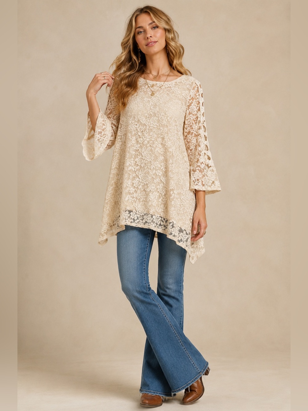 Cream Lace Shark Hem Boho Tunic Top Sheer Cottagecore XL Renaissance Festival